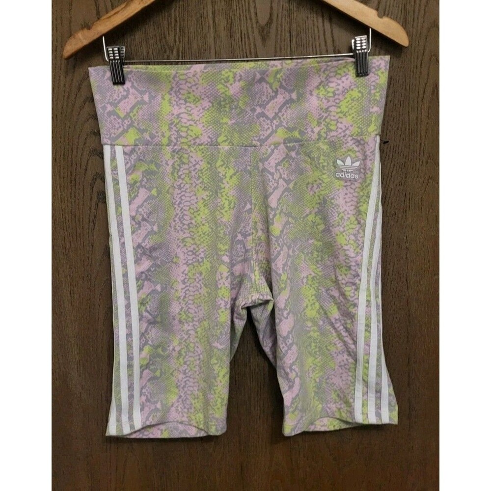 Adidas Womens Originals Pink Green Snakeskin Print Biker Shorts Size Large